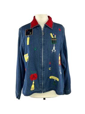 Vtg 90s Large Chambray Denim Teacher Shirt Apple ABC Bus Schoolcore Embroidered